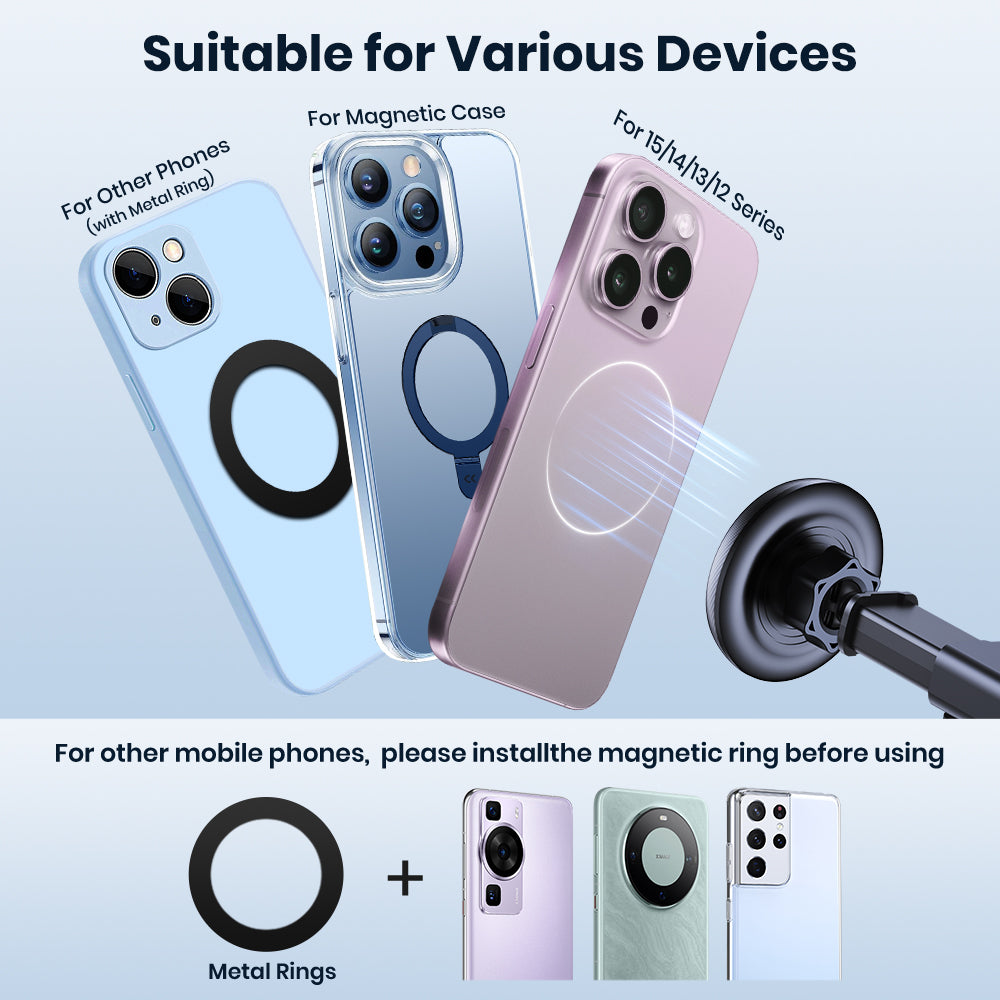 MagSafe Car Phone Mount, Magnetic Holder with Strong Suction, Adjustable Long Arm for Dashboard and Windshield Phones
