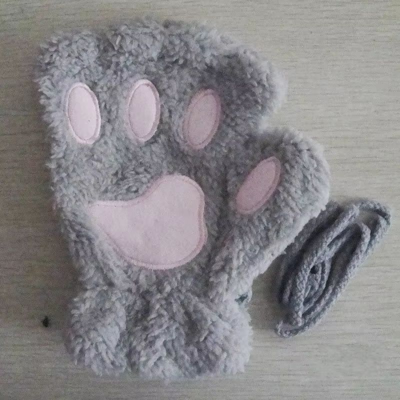 Cartoon Cute Cat Claw Paw Gloves  Plush Mittens For Women Warm  Soft Fingerless Bear Cat Gloves 14