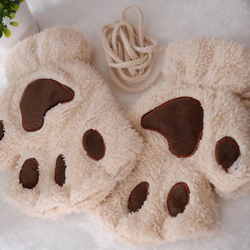 Cartoon Cute Cat Claw Paw Gloves  Plush Mittens For Women Warm  Soft Fingerless Bear Cat Gloves 15