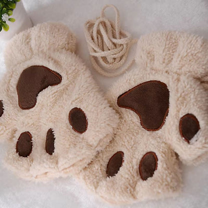 Cartoon Cute Cat Claw Paw Gloves  Plush Mittens For Women Warm  Soft Fingerless Bear Cat Gloves 15