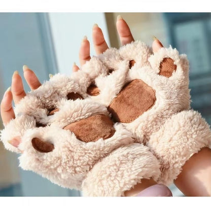Cartoon Cute Cat Claw Paw Gloves  Plush Mittens For Women Warm  Soft Fingerless Bear Cat Gloves 3
