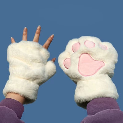 Cartoon Cute Cat Claw Paw Gloves  Plush Mittens For Women Warm  Soft Fingerless Bear Cat Gloves 4