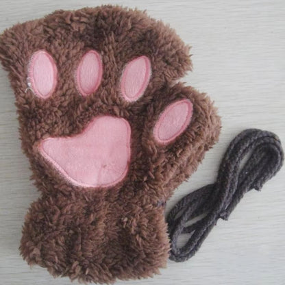 Cartoon Cute Cat Claw Paw Gloves  Plush Mittens For Women Warm  Soft Fingerless Bear Cat Gloves 8