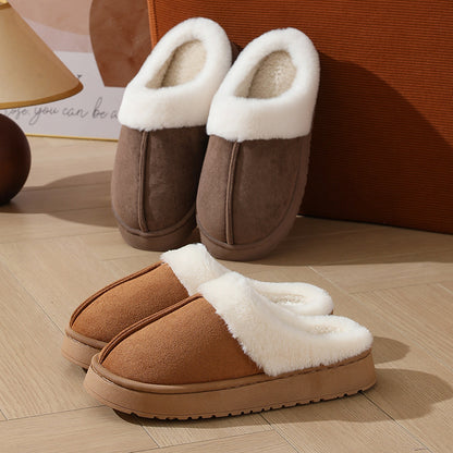 Thick sole non-slip fur flip flops with fur collar, women's plush slippers winter outdoor, warm unisex house shoes