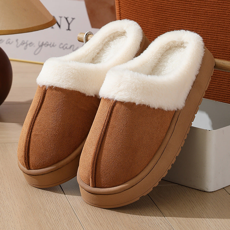 Thick sole non-slip fur flip flops with fur collar, women's plush slippers winter outdoor, warm unisex house shoes