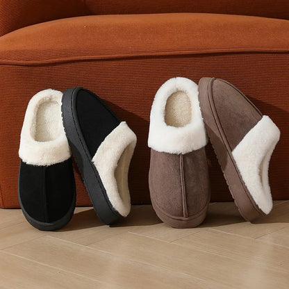 Thick sole non-slip fur flip flops with fur collar, women's plush slippers winter outdoor, warm unisex house shoes