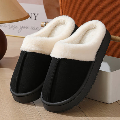 Thick sole non-slip fur flip flops with fur collar, women's plush slippers winter outdoor, warm unisex house shoes