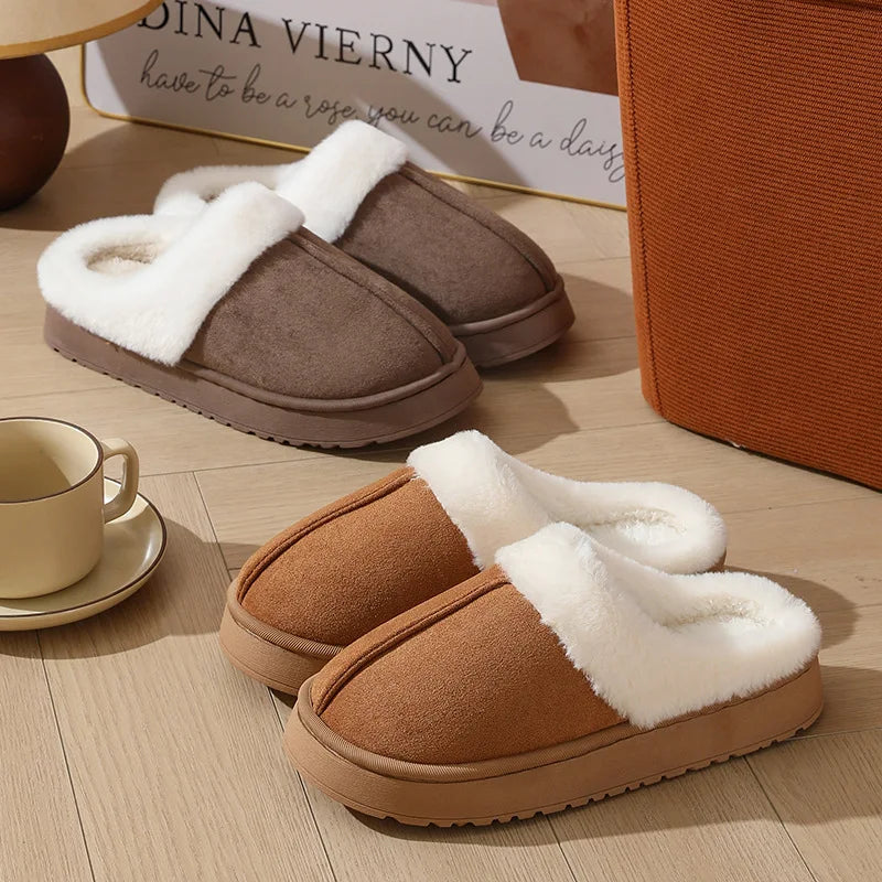 Thick sole non-slip fur flip flops with fur collar, women's plush slippers winter outdoor, warm unisex house shoes