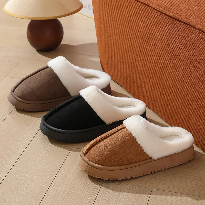 Thick sole non-slip fur flip flops with fur collar, women's plush slippers winter outdoor, warm unisex house shoes