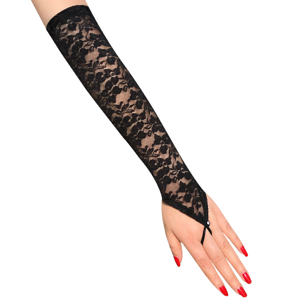 Women Stretch Long Hook Finger Gloves, Sexy Floral Lace Mittens, Bright Bridal Dress Accessories