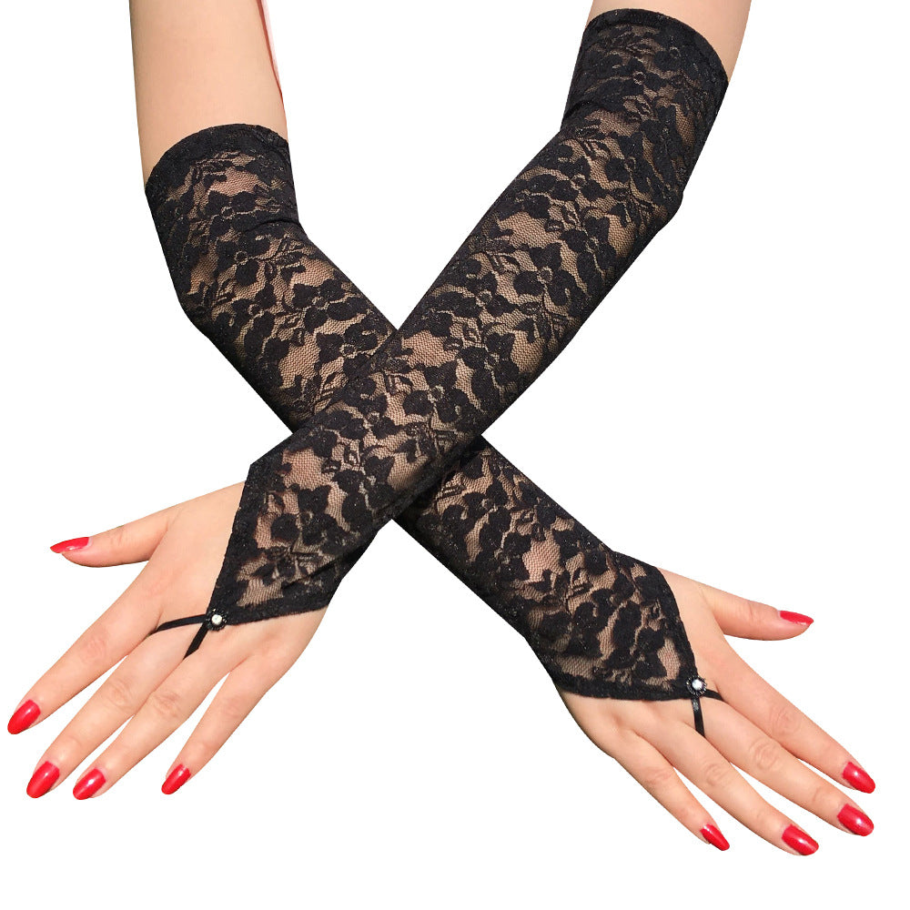 Women Stretch Long Hook Finger Gloves, Sexy Floral Lace Mittens, Bright Bridal Dress Accessories