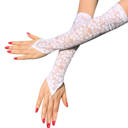 Women Stretch Long Hook Finger Gloves, Sexy Floral Lace Mittens, Bright Bridal Dress Accessories