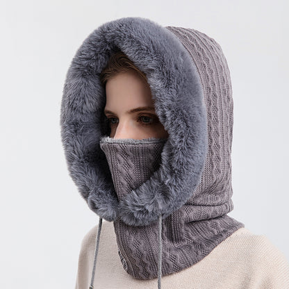 Knitted Cashmere Neck Warm Balaclava Ski Windproof Hat Winter Fur Cap Mask Set Hooded For Women Thi 1