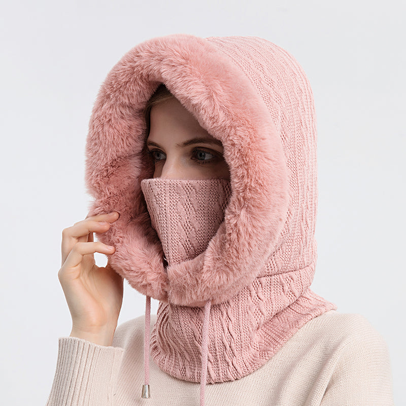 Knitted Cashmere Neck Warm Balaclava Ski Windproof Hat Winter Fur Cap Mask Set Hooded For Women Thi 6
