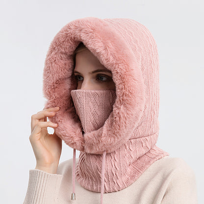 Knitted Cashmere Neck Warm Balaclava Ski Windproof Hat Winter Fur Cap Mask Set Hooded For Women Thi 6