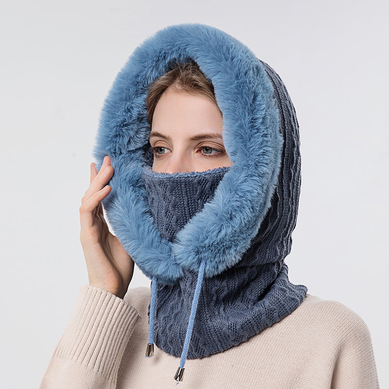 Knitted Cashmere Neck Warm Balaclava Ski Windproof Hat Winter Fur Cap Mask Set Hooded For Women Thi 7