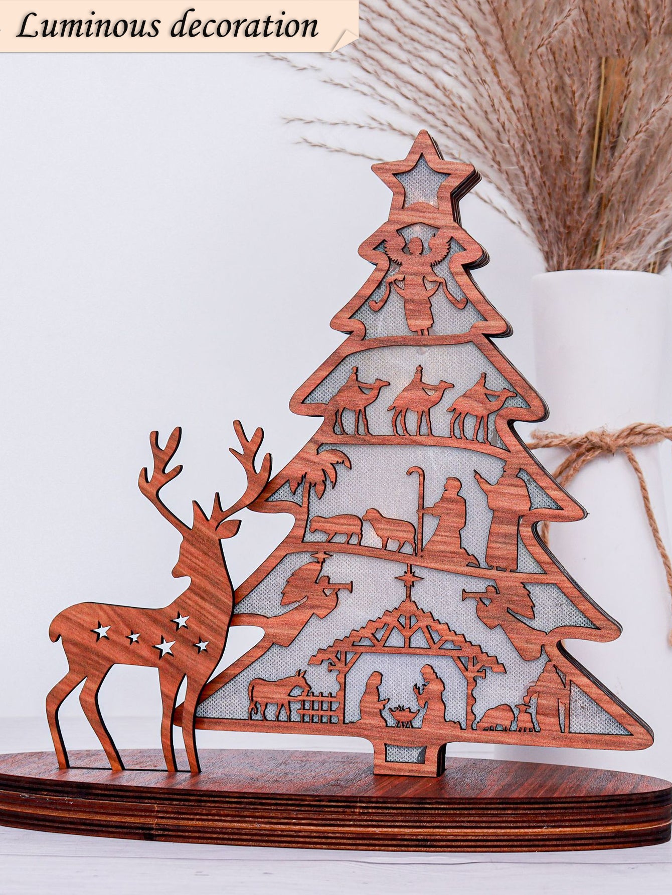 Christmas Tree Shape Luminous Wooden Nativity Scene Ornaments, Elk Christmas Decorations, Ornaments Party Decorations