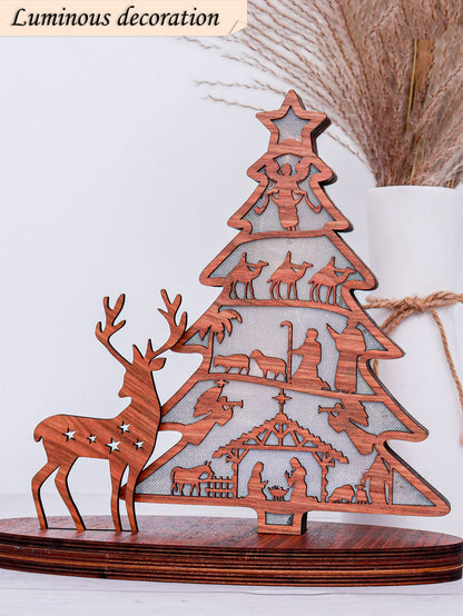 Christmas Tree Shape Luminous Wooden Nativity Scene Ornaments, Elk Christmas Decorations, Ornaments Party Decorations