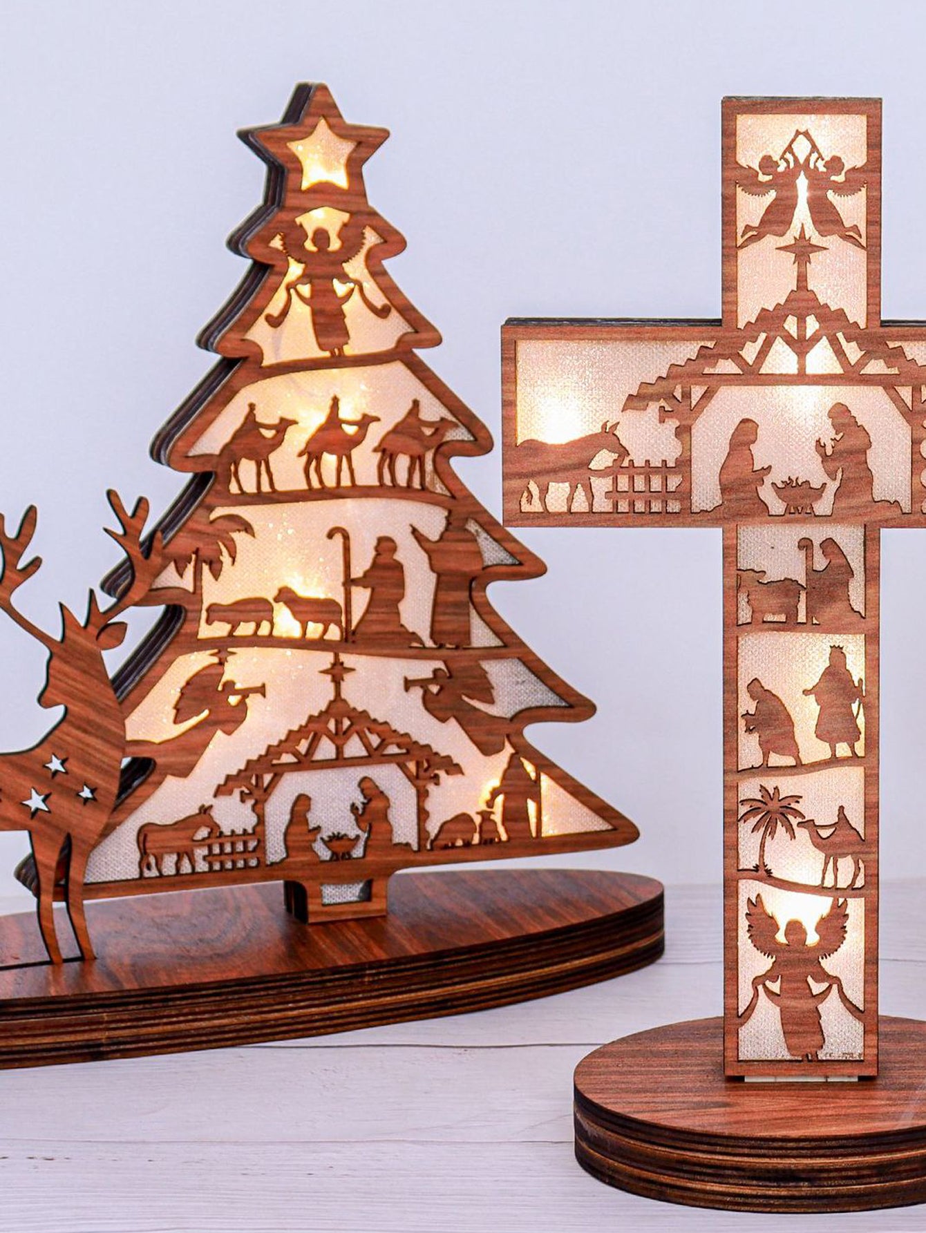Christmas Tree Shape Luminous Wooden Nativity Scene Ornaments Elk Christmas Decorations Ornaments P 1