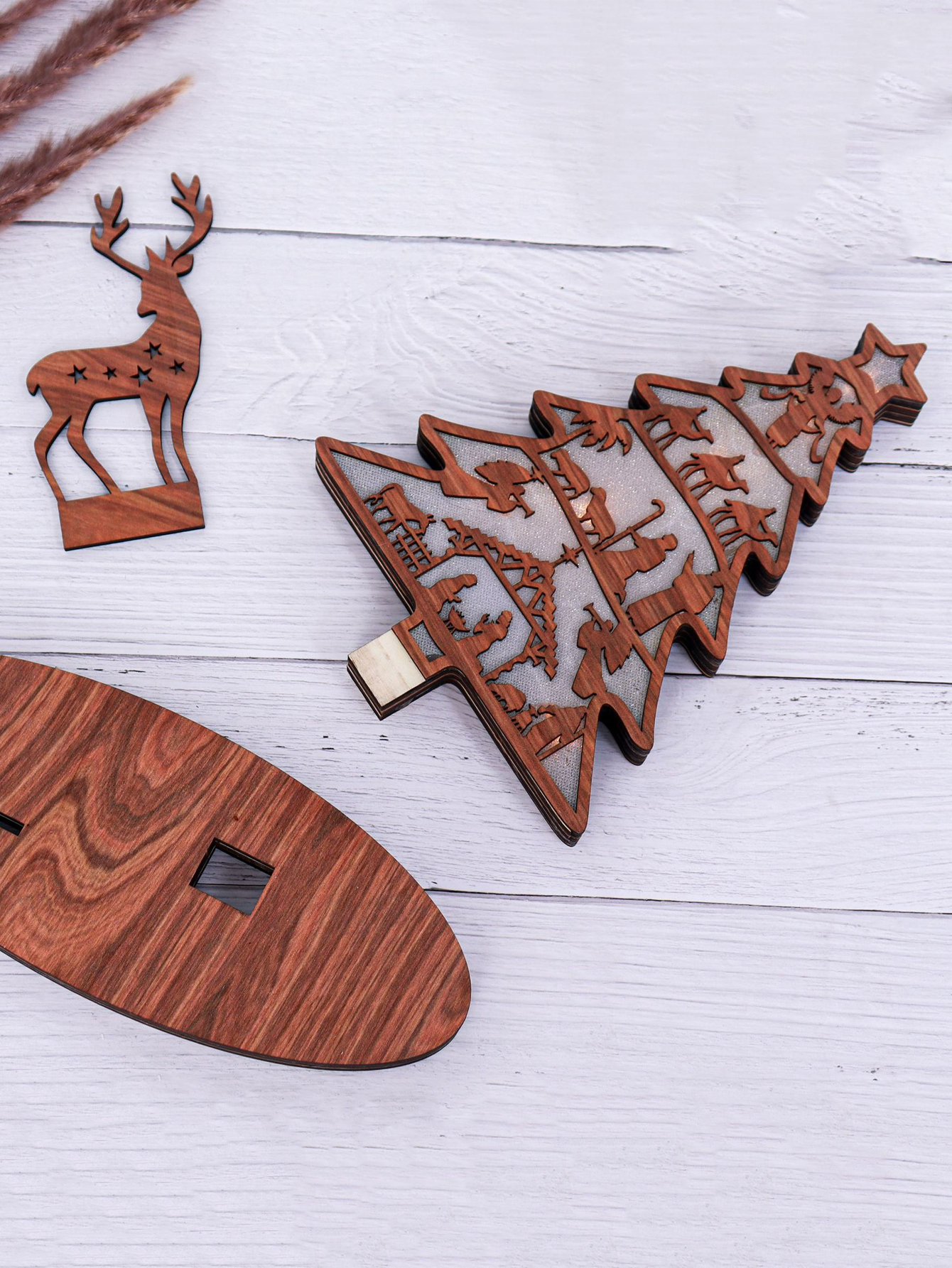 Christmas Tree Shape Luminous Wooden Nativity Scene Ornaments Elk Christmas Decorations Ornaments P 2