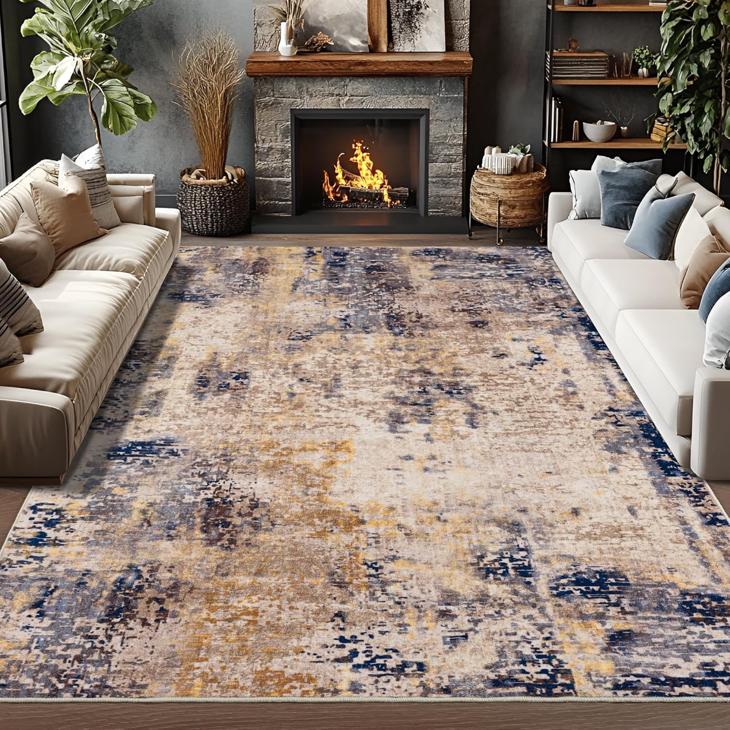 Living Room Area Rugs Soft Large Modern Abstract Area Rug, Boho Vintage Machine Washable Non Slip Carpet Low Pile Rugs