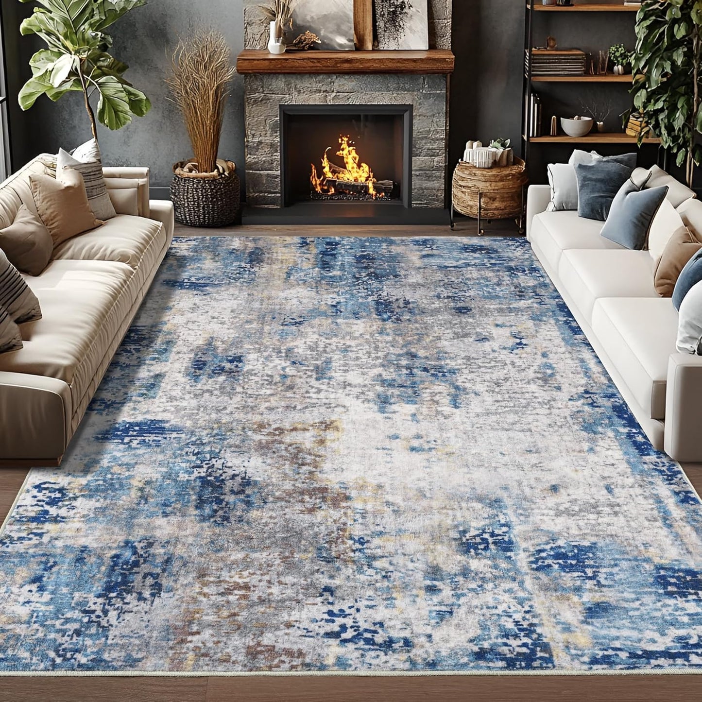 Living Room Area Rugs Soft Large Modern Abstract Area Rug, Boho Vintage Machine Washable Non Slip Carpet Low Pile Rugs