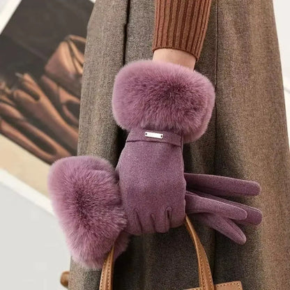 Women Winter Touchscreen Suede Gloves with Plush Cuff and Fleece Lining