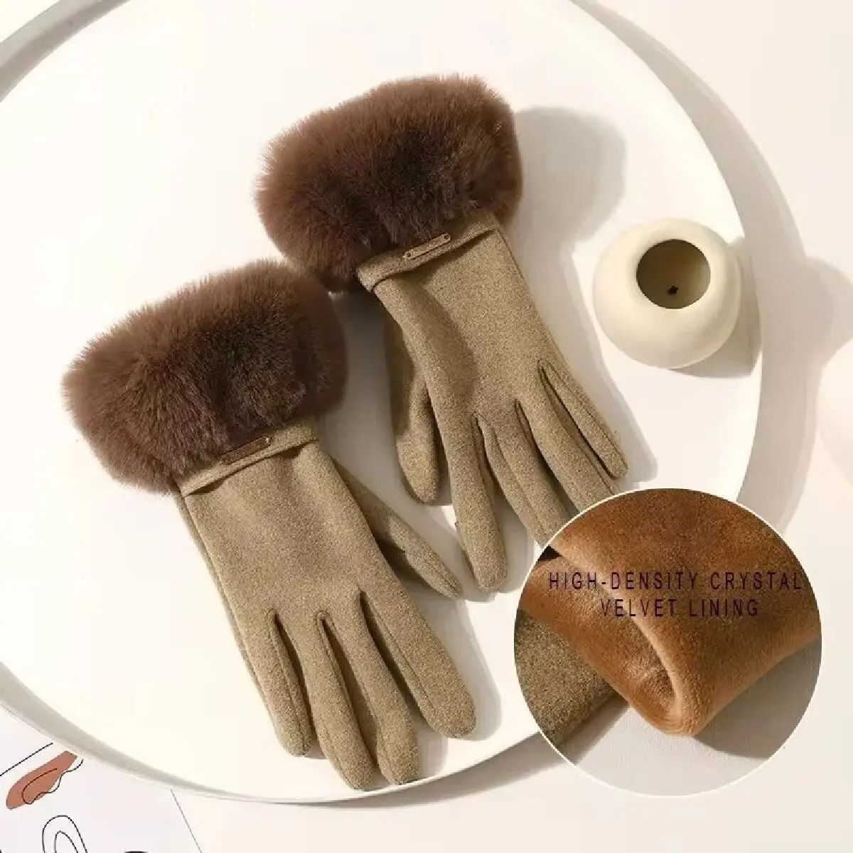 Women Winter Touchscreen Suede Gloves With Plush Cuff And Fleece Lining 3