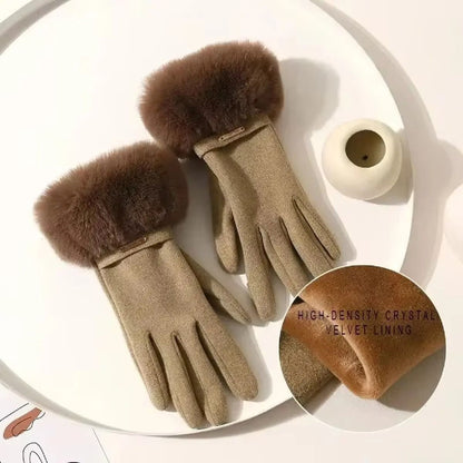 Women Winter Touchscreen Suede Gloves With Plush Cuff And Fleece Lining 3