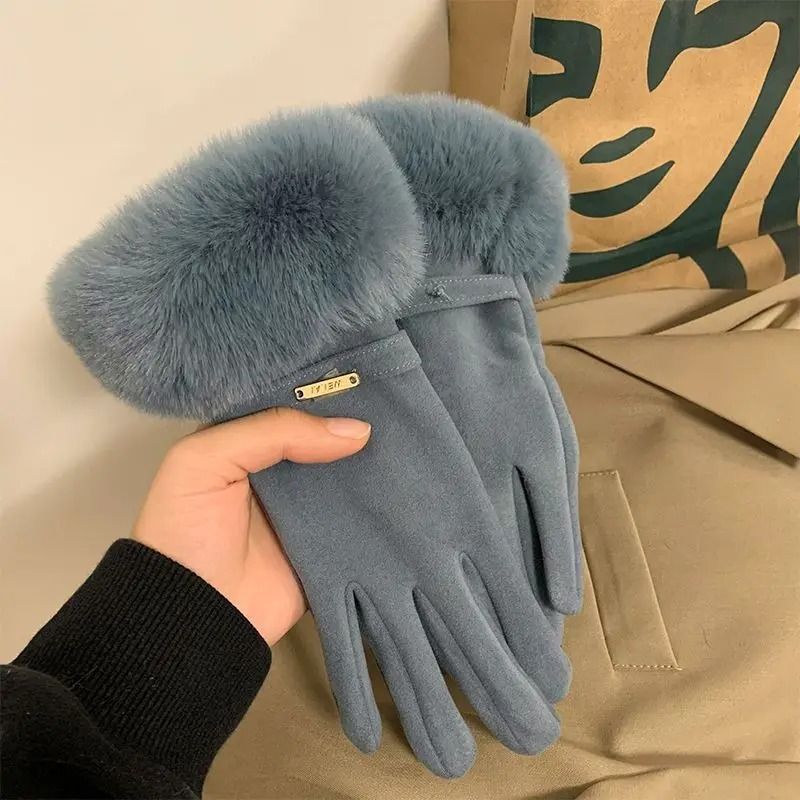Women Winter Touchscreen Suede Gloves With Plush Cuff And Fleece Lining 8