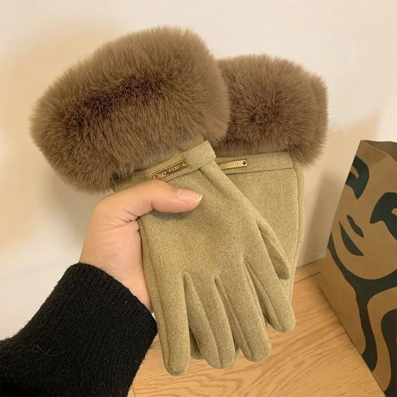 Women Winter Touchscreen Suede Gloves With Plush Cuff And Fleece Lining 12