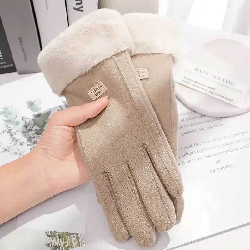 Women Winter Thick Plush Suede Gloves with Touchscreen Function and Warm Lining