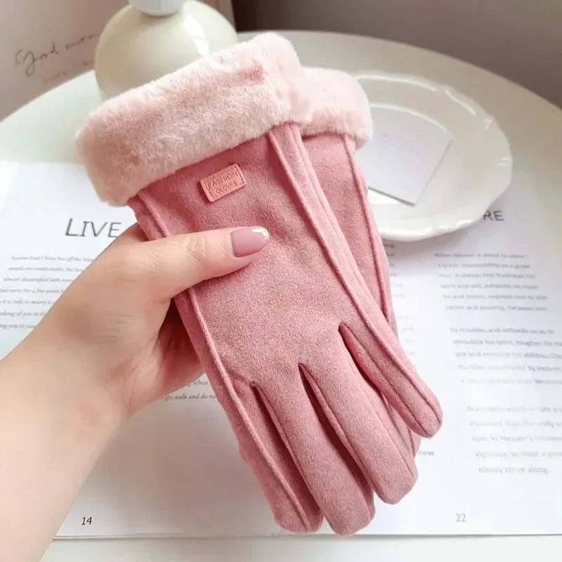 Women Winter Thick Plush Suede Gloves With Touchscreen Function And Warm Lining 3