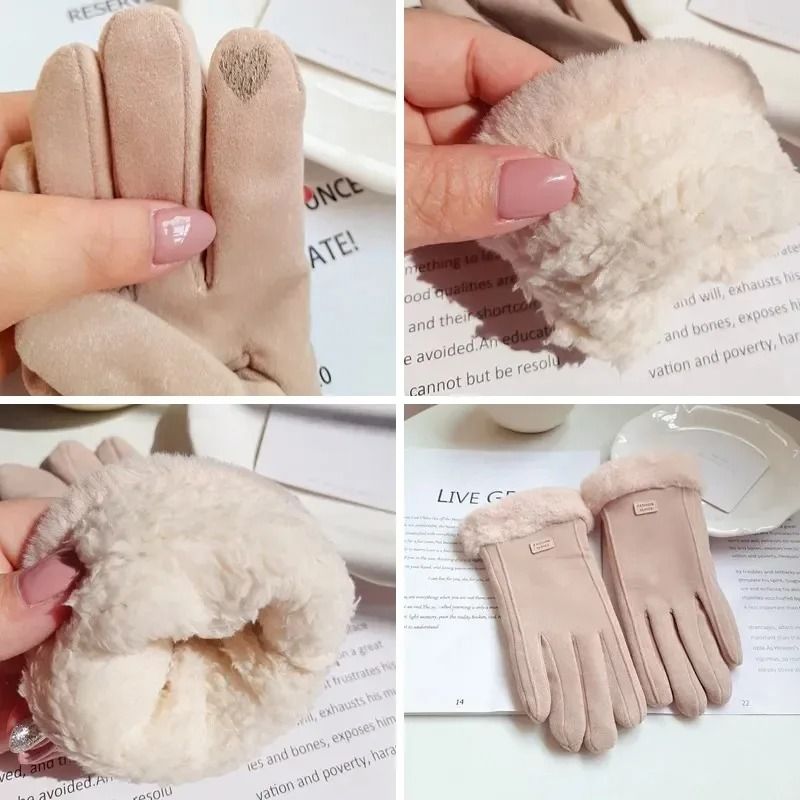 Women Winter Thick Plush Suede Gloves With Touchscreen Function And Warm Lining 4