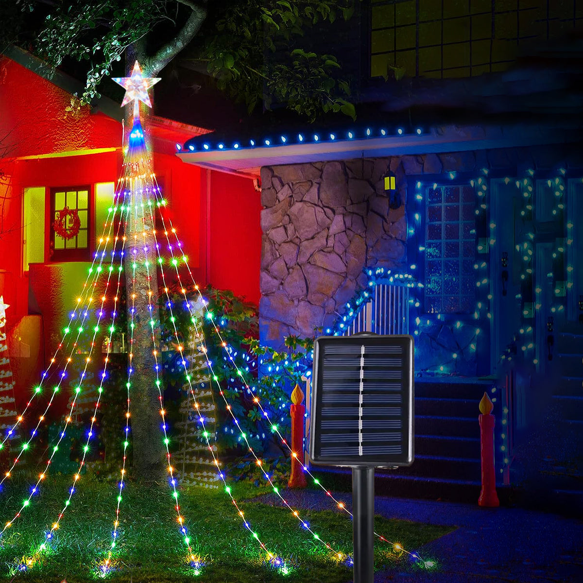 Solar Outdoor LED Fairy Lamp, Christmas Pentagram Waterproof String Light, Holiday and Family Party Garden Decorations
