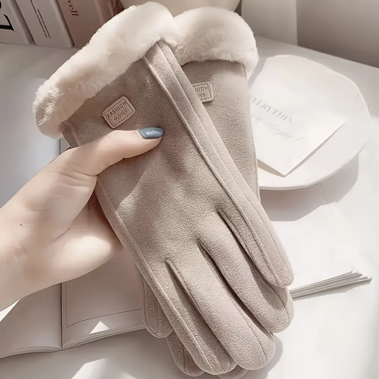 Comfortable Beige Touchscreen Gloves With Plush Lining 2