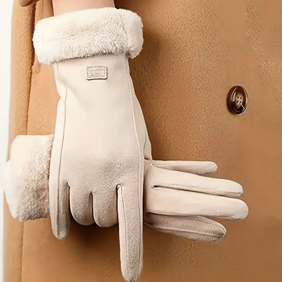 Comfortable Beige Touchscreen Gloves With Plush Lining 4
