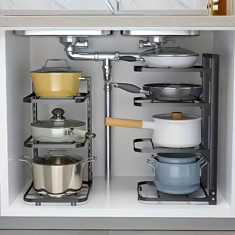 Adjustable Multi-Layer Stainless Steel Pot & Pan Organizer – Kitchen Cabinet & Countertop Storage Rack