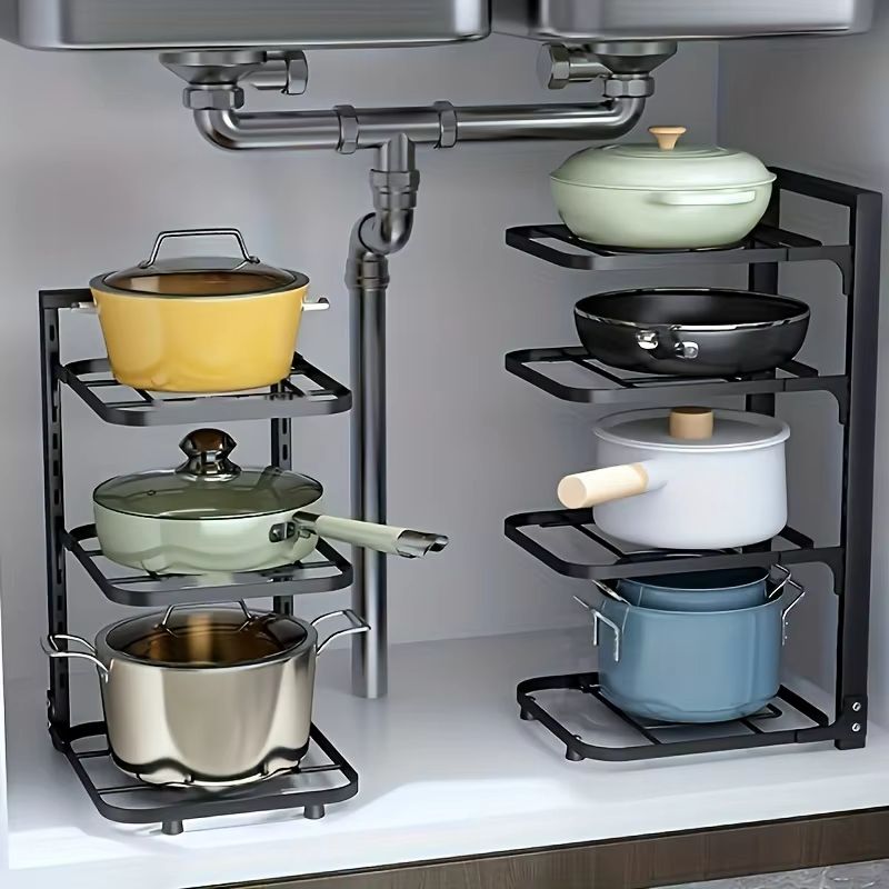 Adjustable MultiLayer Stainless Steel Pot  Pan Organizer  Kitchen Cabinet  Countertop Storage Rack 1