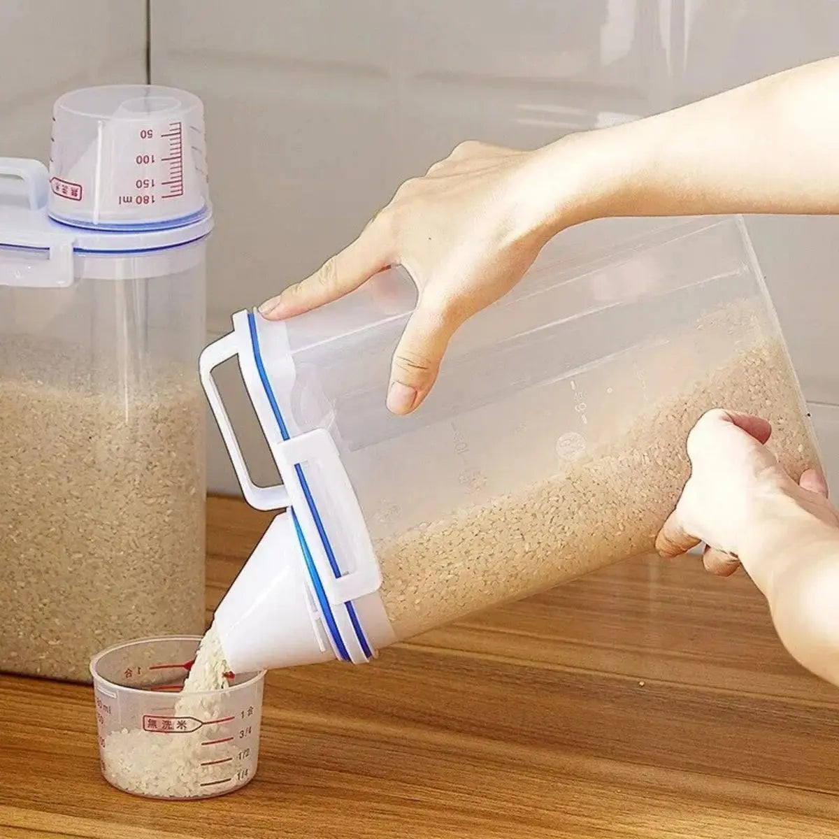 Kitchen Food Storage Canister with Measuring Cup, Moisture Proof Rice and Grains Container, Dust Proof Organizer