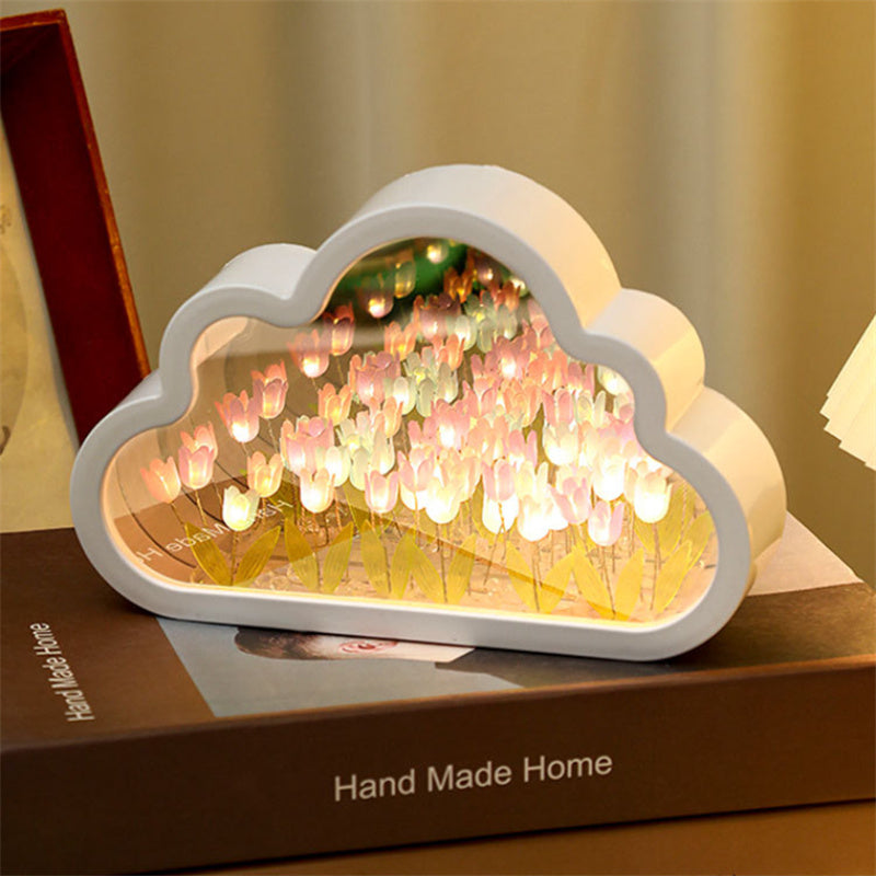 LED Night Light Mirror Table Lamps, DIY Clouds Tulip Lamps, Flower Sea Atmosphere Lamp, Bedroom Ornaments Decor