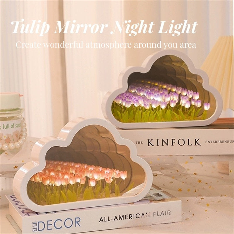 LED Night Light Mirror Table Lamps, DIY Clouds Tulip Lamps, Flower Sea Atmosphere Lamp, Bedroom Ornaments Decor