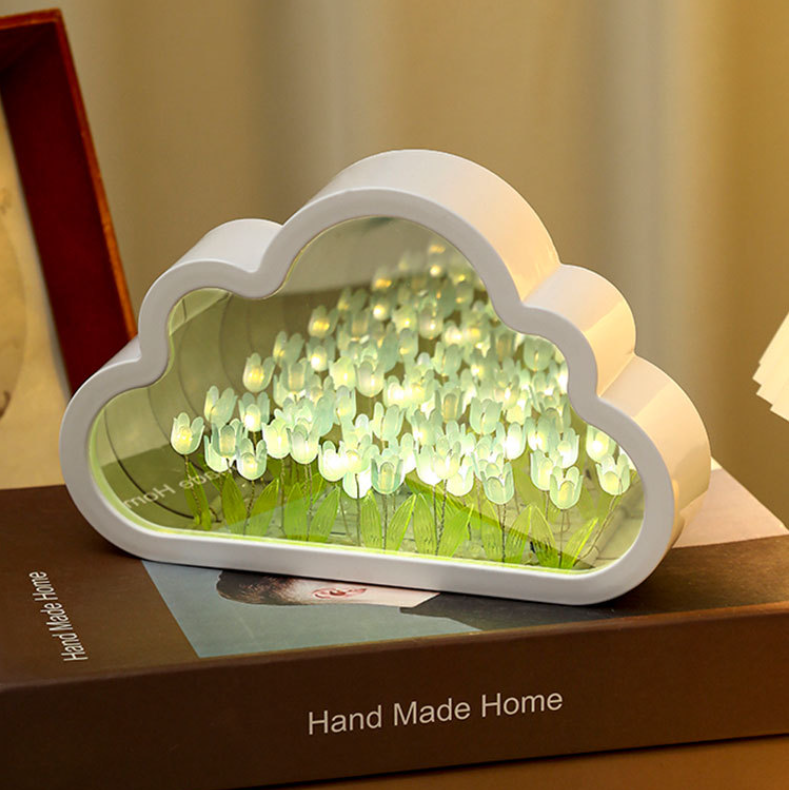 LED Night Light Mirror Table Lamps, DIY Clouds Tulip Lamps, Flower Sea Atmosphere Lamp, Bedroom Ornaments Decor