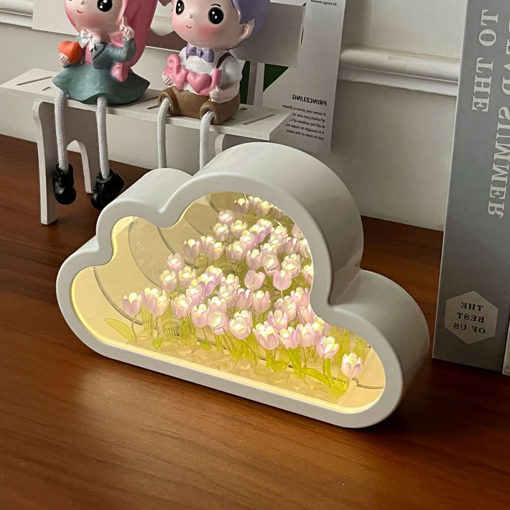 LED Night Light Mirror Table Lamps, DIY Clouds Tulip Lamps, Flower Sea Atmosphere Lamp, Bedroom Ornaments Decor