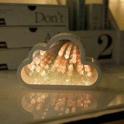 LED Night Light Mirror Table Lamps, DIY Clouds Tulip Lamps, Flower Sea Atmosphere Lamp, Bedroom Ornaments Decor