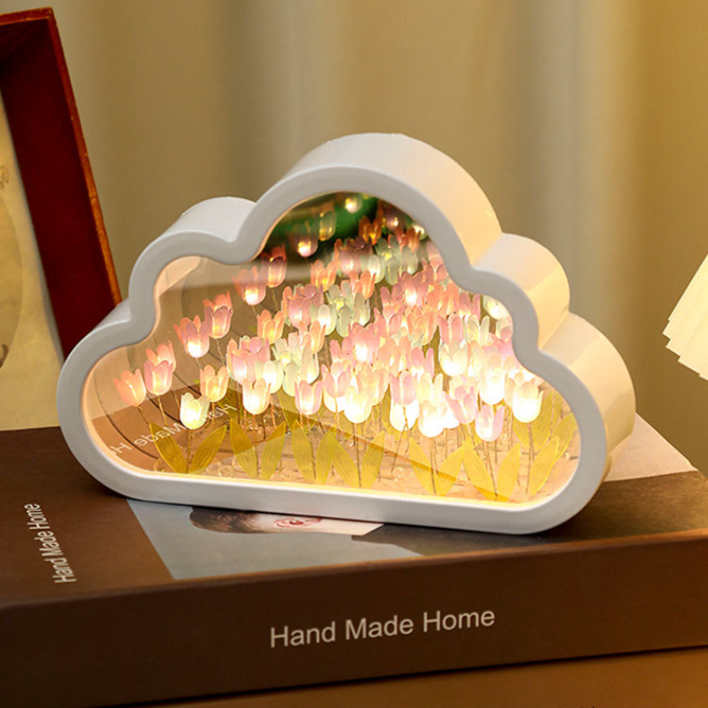 LED Night Light Mirror Table Lamps, DIY Clouds Tulip Lamps, Flower Sea Atmosphere Lamp, Bedroom Ornaments Decor