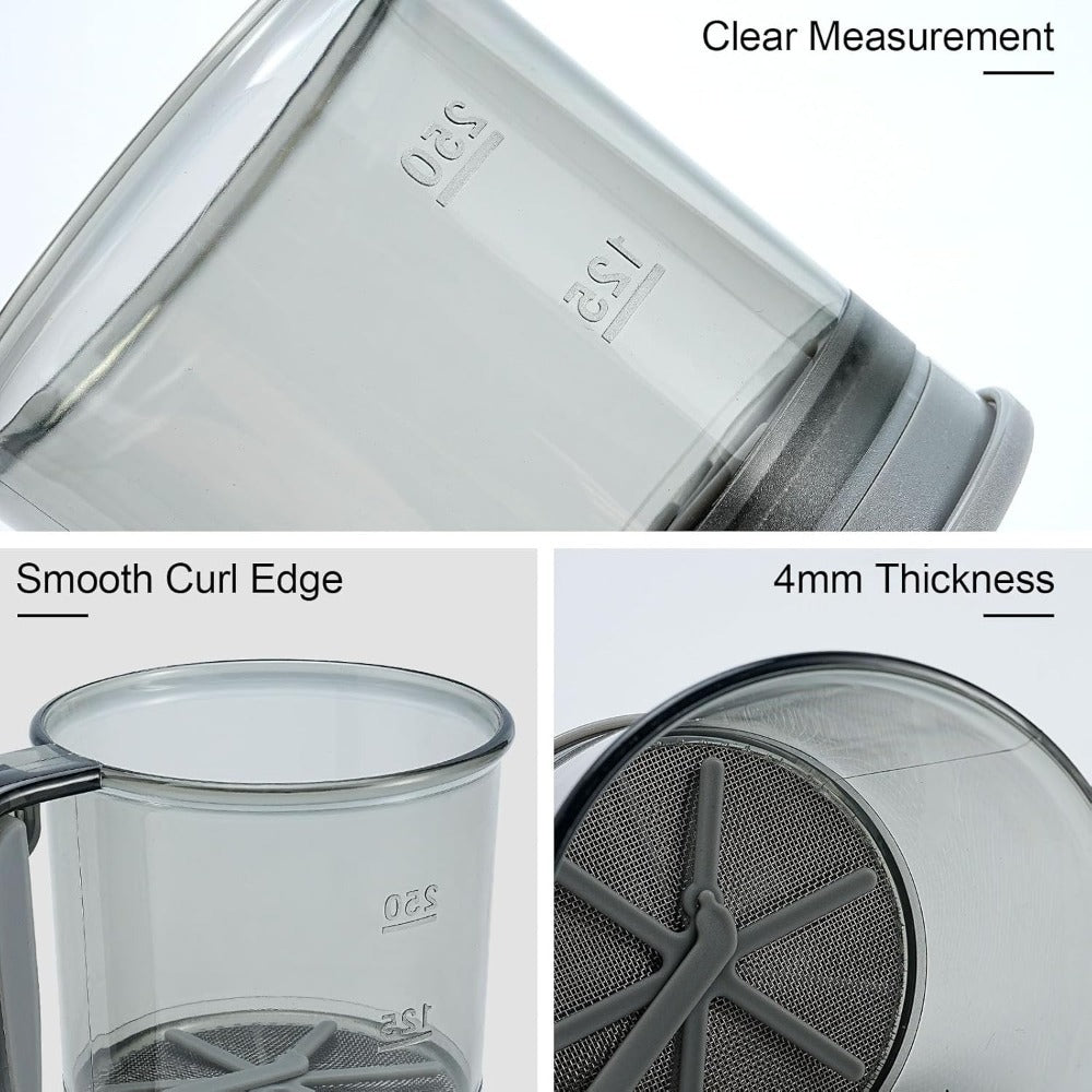Plastic Sifter with Tray, Fine Mesh Flour Sifter, One Hand Press Baking Tool, Powdered Sugar Kitchen Cake Filter