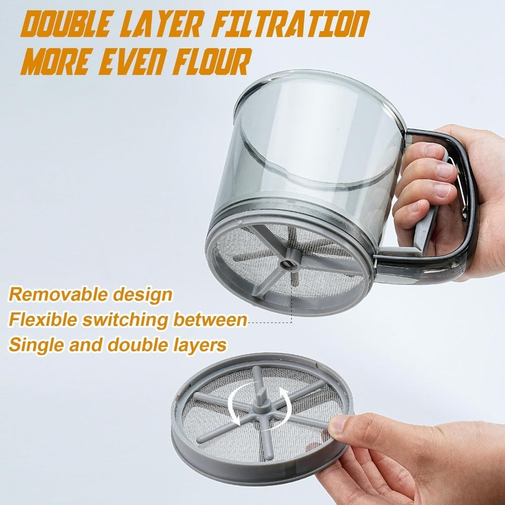 Plastic Sifter with Tray, Fine Mesh Flour Sifter, One Hand Press Baking Tool, Powdered Sugar Kitchen Cake Filter