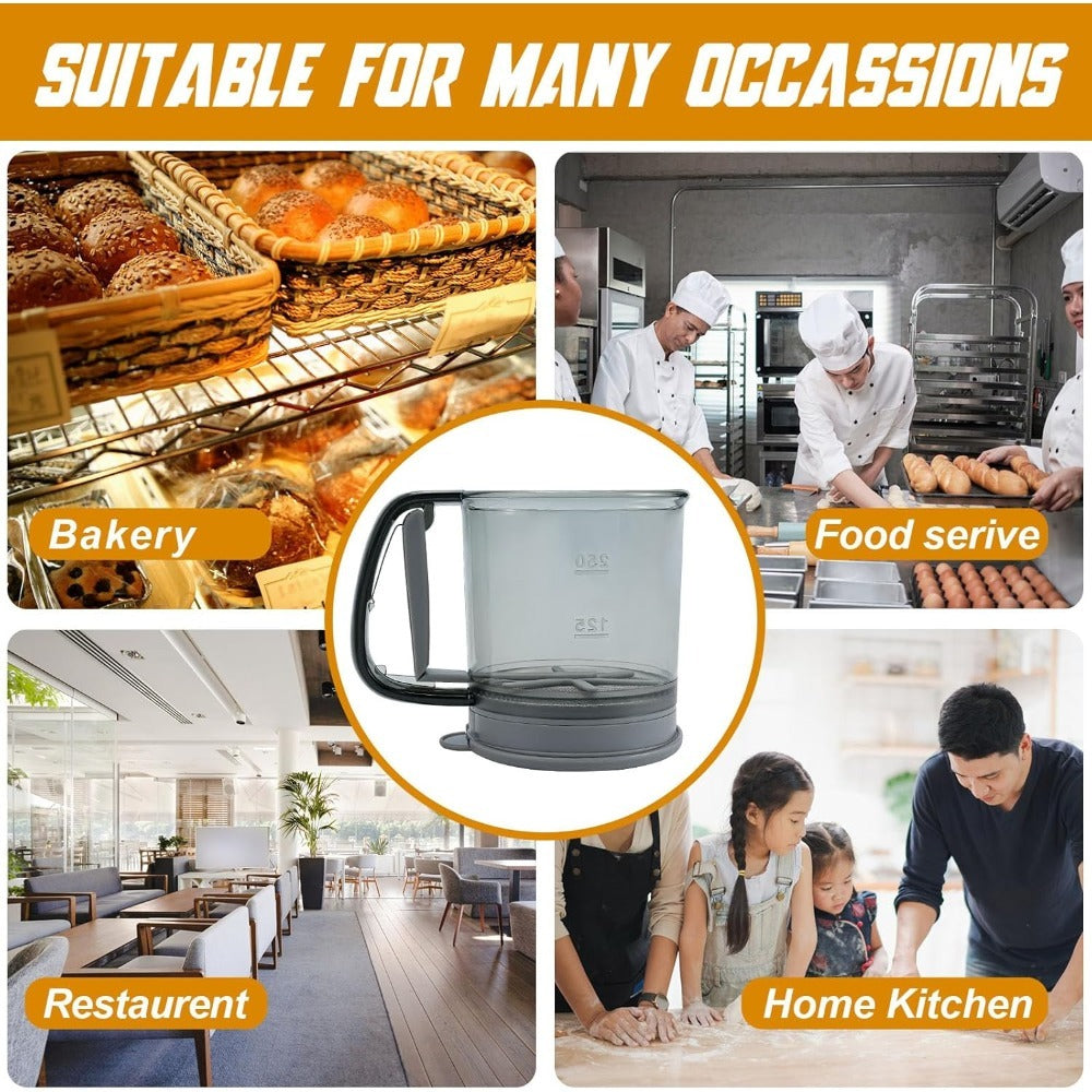 Plastic Sifter with Tray, Fine Mesh Flour Sifter, One Hand Press Baking Tool, Powdered Sugar Kitchen Cake Filter