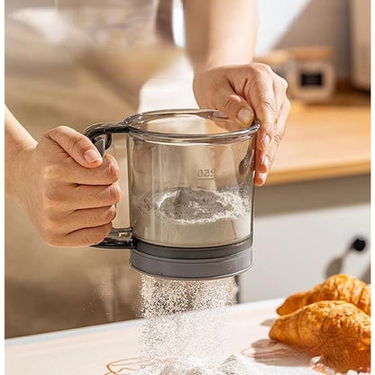 Plastic Sifter with Tray, Fine Mesh Flour Sifter, One Hand Press Baking Tool, Powdered Sugar Kitchen Cake Filter